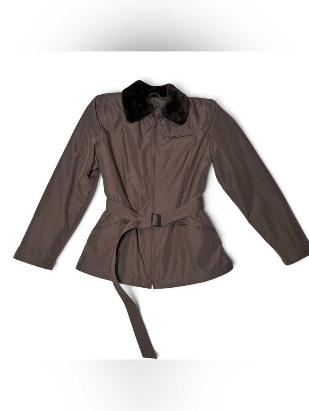 Gallery Brown Belted Utility Jacket with Faux Fur Collar - Medium